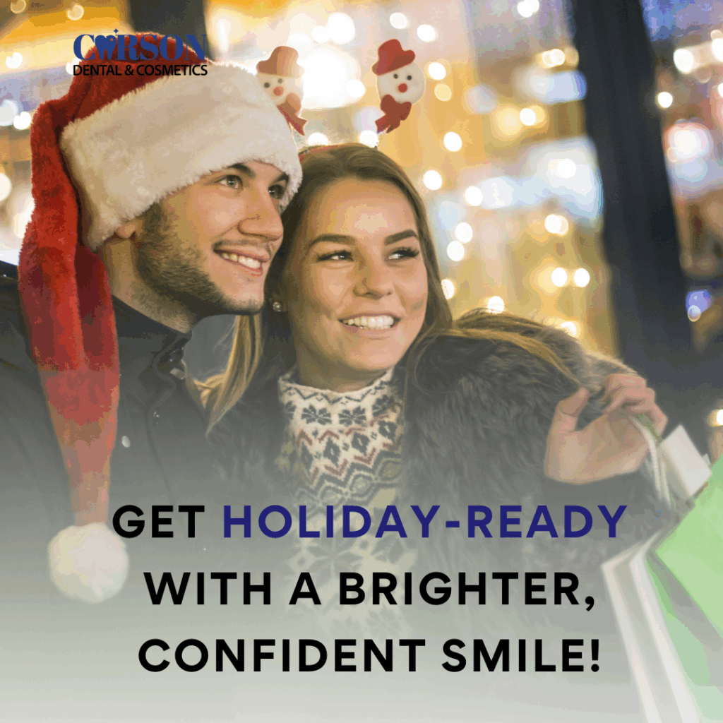 Happy couple with bright, white smiles and a Santa hat, enjoying holiday lights after receiving teeth whitening at Carson Dental in Long Beach.